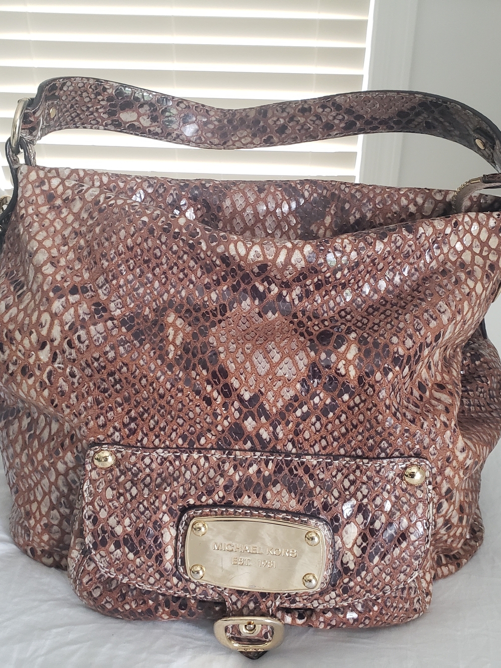 Michael Kors Tan and Brown Snake-Print Shoulder Bag